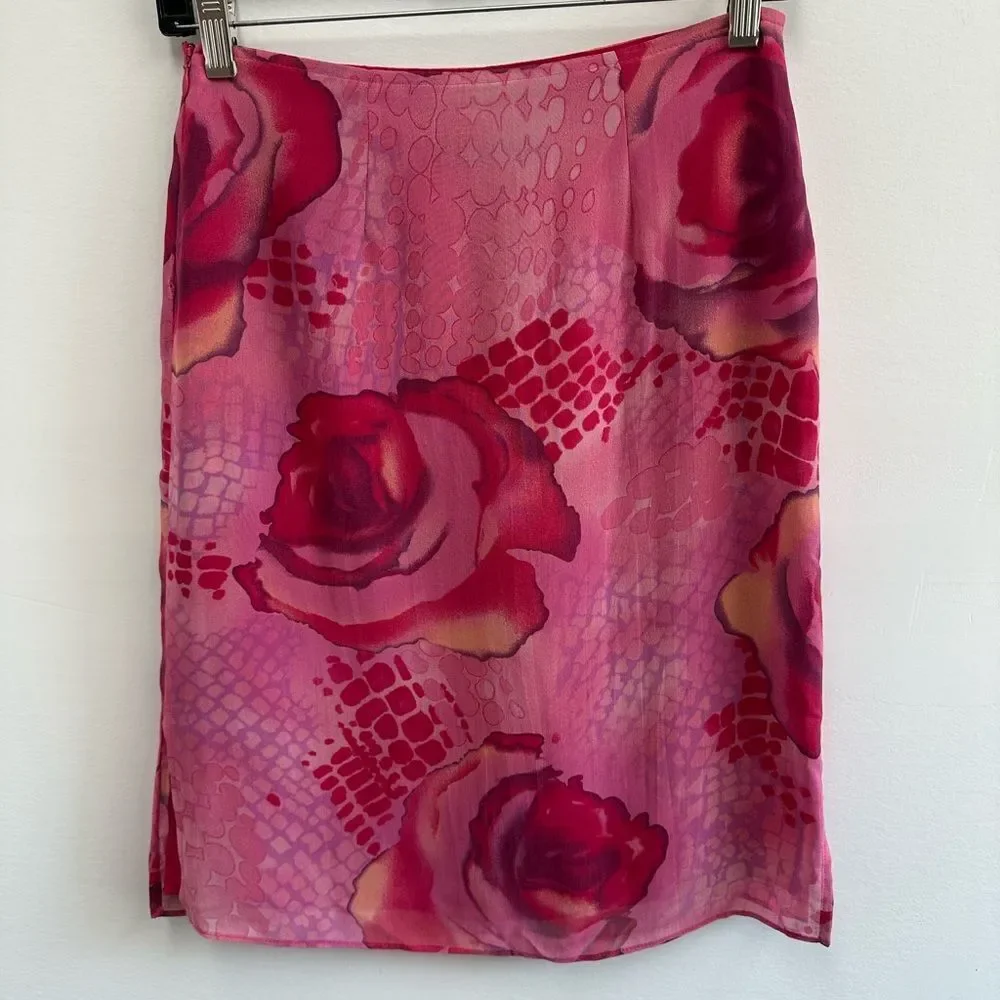 Vintage Y2K Guess Collection Pink Floral Rose Chiffon Pencil Mini Skirt Size 0